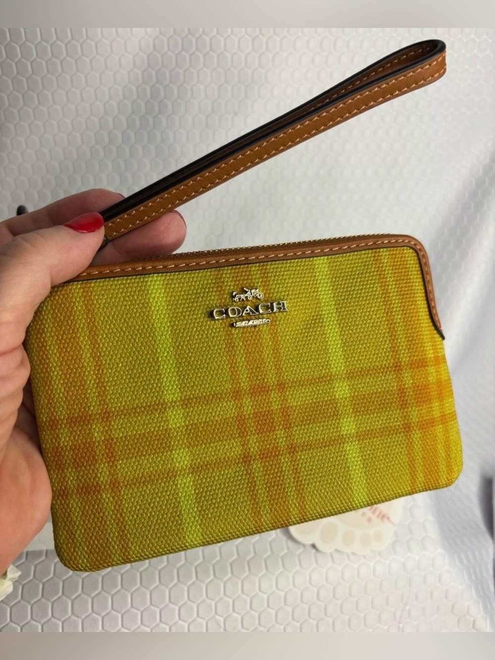 Coach Yellow And Amber Plaid Wristlet with Tan Trim